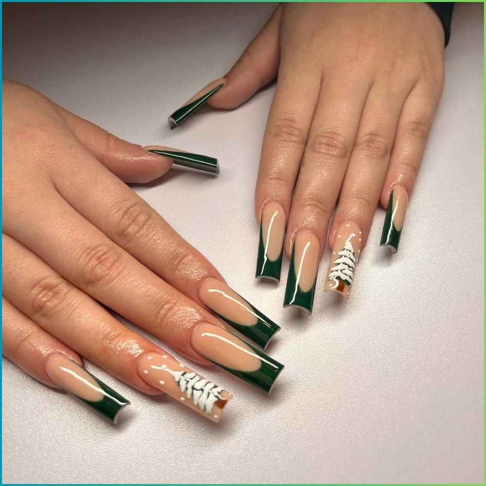 Close up of hands with Christmas Green Nails having  Christmas Green Coffin Nails