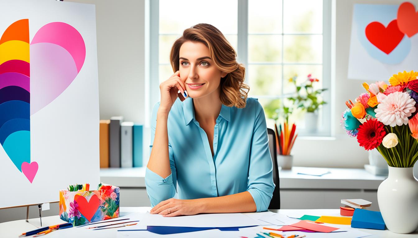 An image of a woman sitting at a desk with a blank piece of paper in front of her. She is holding a pen and deep in thought, surrounded by various items that represent her ideal relationship, such as a bouquet of flowers, a photo of a happy couple, and a heart-shaped locket. Behind her, there is a window with a beautiful view of nature. Show her carefully and deliberately writing down qualities and characteristics she wants in her future husband, such as kindness, loyalty, humor, intelligence, and passion. The image should convey a sense of purpose, hope, and positivity as she takes this important step towards manifesting the perfect partner into her life.