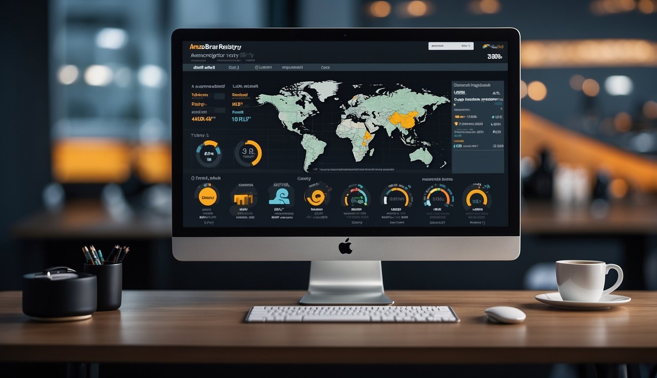 A computer screen displaying the Amazon Brand Registry dashboard with various tools and features highlighted. A brand logo and product images are shown