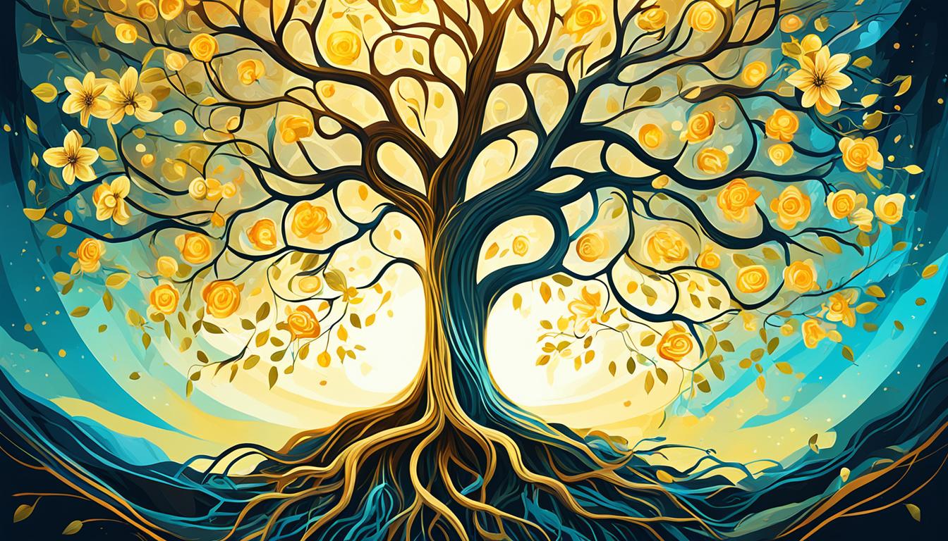 A tree with roots growing deep into the ground, surrounded by golden energy and blooming flowers. Above it, a bright light shines down, illuminating the tree and creating a sense of radiance.