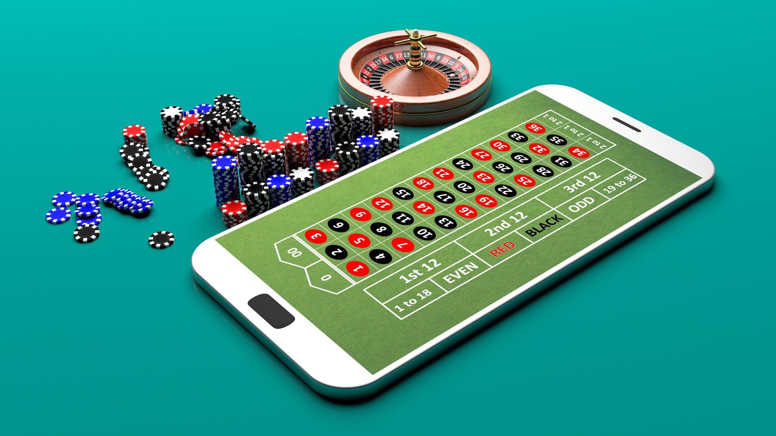 A smartphone shows a casino roulette game and a spinning wheel.