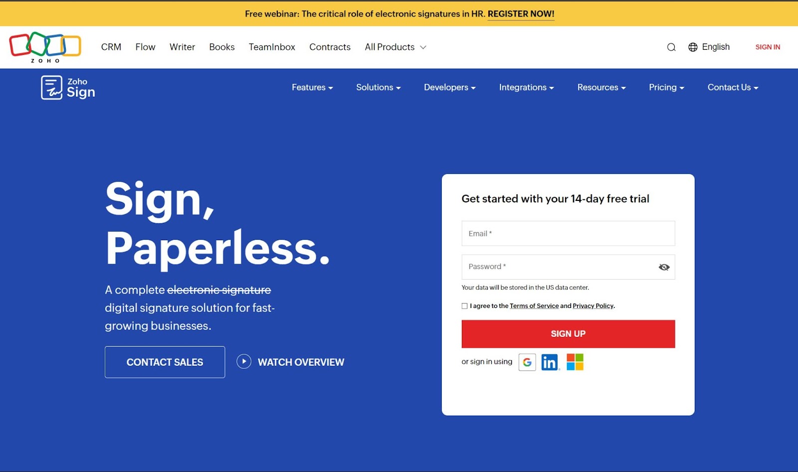Screenshot of Zoho Sign website