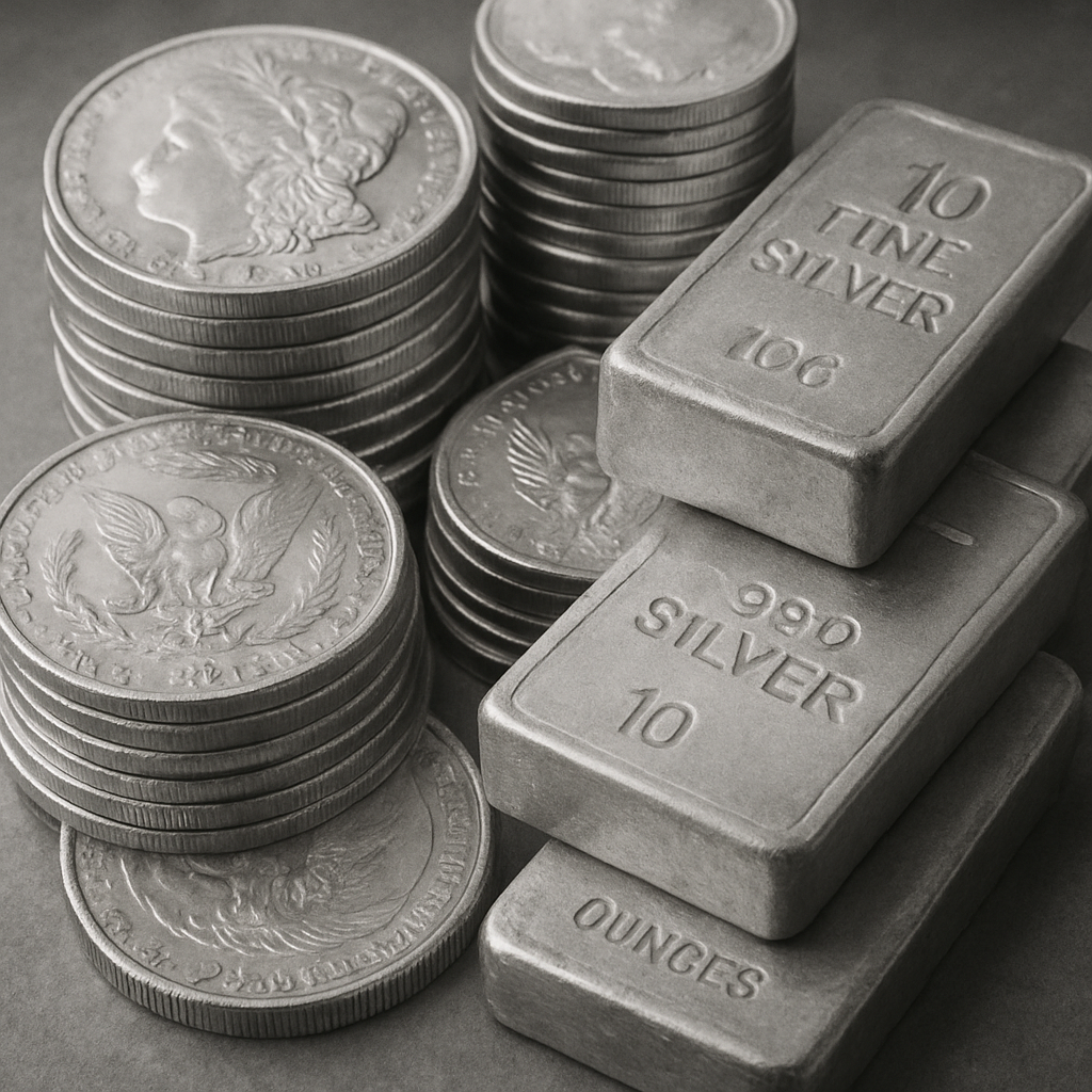 Silver coins and bars stacked together