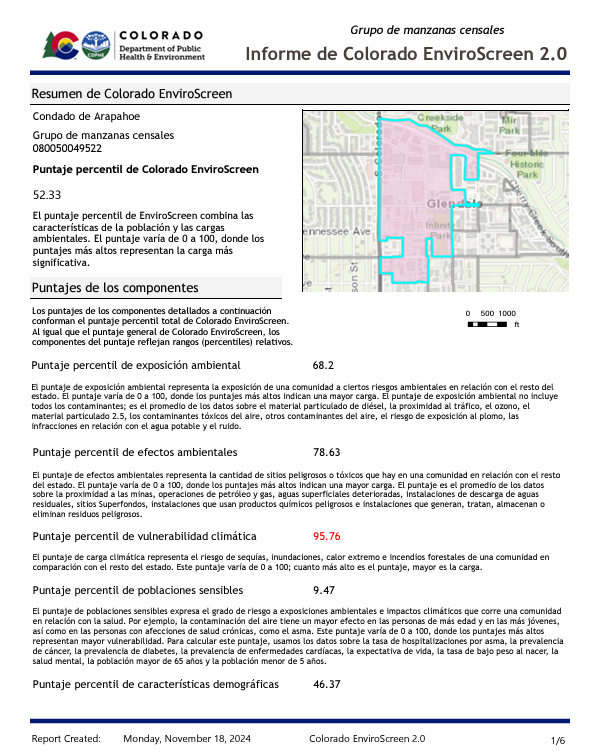 Ejemplo de la sección de resumen de Colorado EnviroScreen en un informe completado.