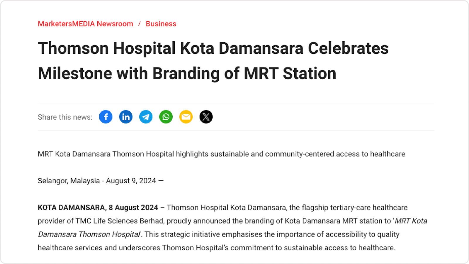 An example of a press release highlighting the key features and benefits of a branding initiative by Thomson Hospital at an MRT station.