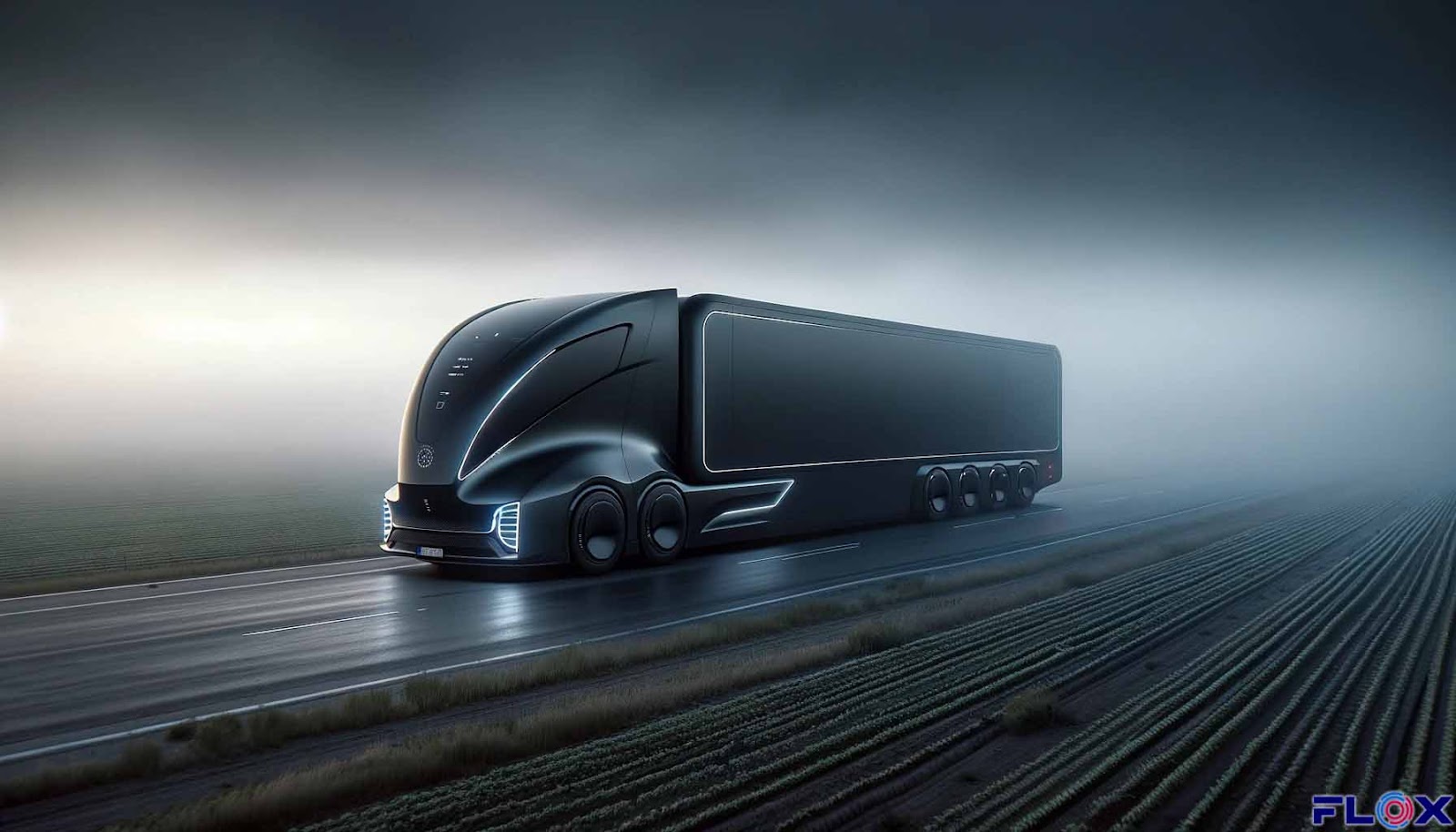 A black A futuristic black truck travelling down a road - FLOX