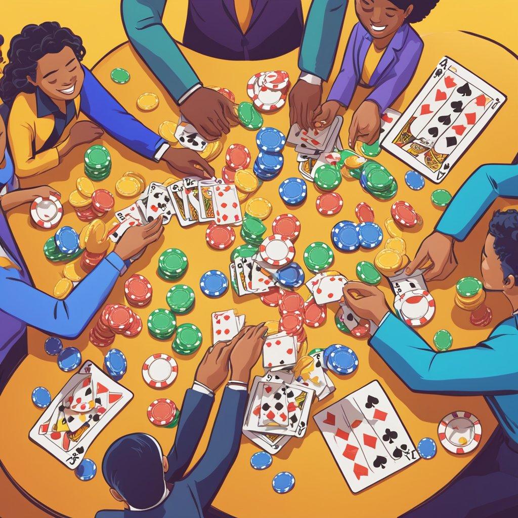 A group of people gathered around a colorful and lively casino table, with cards and chips scattered across the surface, showing various emotions as they engage in a game of chance