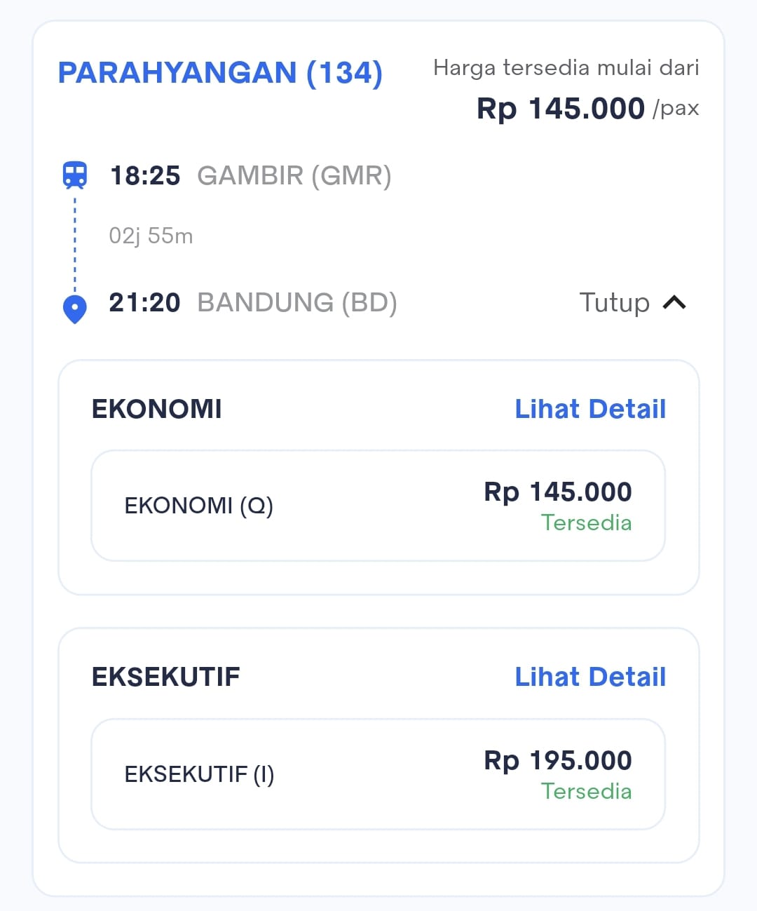Harga Tiket KA Parahyangan (134) Gambir (GMR) – Bandung (BD)