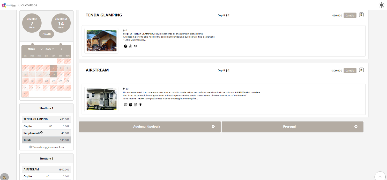 interfaccia CloudVillage booking engine camping