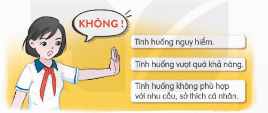 CHỦ ĐỀ 3: TRÁCH NHIỆM VỚI BẢN THÂN1. SỐNG CÓ TRÁCH NHIỆMKHÁM PHÁHoạt động 1: Tìm hiểu biểu hiện của người sống có trách nhiệmCâu 1: Nêu biểu hiện sống có trách nhiệm của mỗi nhân vật trong các tình huống sau:Tình huống 1: Dạo này, vì ham chơi điện tử nên kết quả làm bài kiểm tra của Nam vừa rồi rất kém. Nam cảm thấy vô cùng có lỗi với bố mẹ. Vì vậy. Nam quyết tâm không chơi điện tử nữa và dành nhiều thời gian hơn để ôn lại các kiến thức cũ.Giải nhanh:Sống có trách nhiệm với bản thân, bố mẹ, luôn phải đặt việc học lên hàng đầuTình huống 2: Các bạn trong nhím rủ Hạnh sau khi tan học sẽ đến nhà Lan dự sinh nhật. Nhưng mẹ của Hạnh đang ốm, bố Hạnh đi làm xa. Vì vậy, Hạnh đã chúc mừng sinh nhật Lan trên lớp để tan học có thể về nhà chăm sóc mẹ.Giải nhanh:Bạn Hạnh đã làm tròn trách nhiệm với mẹ, chăm sóc, quan tâm tới mẹ Tình huống 3: An được nhóm giao nhiệm vụ sưu tầm những bức hình về danh lam, thắng cảnh. An nhớ ra trên các tạp chí, báo hoặc các cuốn lịch thường có những hình ảnh phong cảnh đẹp. Vì vậy An đã tranh thủ thời gian rảnh rỗi đến nhà họ hàng, hàng xóm để xin những bức ảnh này. Cuối cùng, An đã sưu tầm được khá nhiều hình ảnh theo sự phân công.Giải nhanh:Bạn An làm tròn trách nhiệm là một thành viên trong nhómCâu 2: Thảo luận về biểu hiện của người sống có trách nhiệmGiải nhanh:- Trách nhiệm với bản thân: Luôn trau dồi kiến thức, học tập tốt, rèn luyện tốt- Với gia đình: Ngoan ngoãn, hiếu thảo- Mọi người xung quanh: Thể hiện thái độ thân hiện, hòa nhã với mọi người.THỰC HÀNHHoạt động 2: Thực hành thể hiện trách nhiệm của bản thânCâu 1: Thảo luận để đưa ra cách thể hiện là người có trách nhiệm trong các tình huống sau:Tình huống 1: Cúc bị ốm nên phải nghỉ học 1 tuần. Khi quay lại lớp học, Cúc thấy sức học của mình yếu hẳn đi.Giải nhanh:Em sẽ đưa vở cho Cúc học và xem lại những bài bạn đã nghỉ đồng thời hướng dẫn, giảng bài lại cho bạn nếu bạn có nhu cầu.Tình huống 2: Nam và Huy ở gần nhà nhau. Hôm trước, Nam được biết Huy chơi đá bóng, bị ngã vào đau chân nên không thể tự đạp xe đến trường được.Giải nhanh:Nam nên đón Huy để đưa bạn tới trường Tình huống 3: Mai được phân công mang lọ hoa để trang trí lớp học trong buổi sơ kết thi đua. Nhưng đúng buổi sáng hôm đó, Mai lại bị sốt, không thể đến lớp được. Giải nhanh:Em sẽ tới nhà Mai và để lấy lọ hoa đi để bạn không phải mất công mang tới lớpHoạt động 3: Thực hiện cam kết đề raCâu 1: Lập kế hoạch thực hiện cam kếtGiải nhanh:2. KỸ NĂNG TỪ CHỐIKHÁM PHÁHoạt động 1: Tìm hiểu về các tình huống cần từ chốiCâu 1: Chia sẻ tình huống mà em đã từ chối.Giải nhanh:Một hôm bạn rủ em đi chơi nhưng vì bận phải đi học nên em đã từ chối bạn rằng em bận phải đi học nên không thể đi được.Câu 2: Chia sẻ lí do cần từ chối trong các tình huống sau:Tình huống 1:Giải nhanh:Mình sẽ từ chối bạn mình không xuống bơi đâu Tình huống 2: Giải nhanh:Em sẽ từ chối bạn vì chúng ta không nên dàn hàng gây ảnh hưởng tới an toàn giao thông. Tình huống 3: Giải nhanh:Bạn nên từ chối khéo với rằng hôm nay bọn mình có hẹn chơi cầu lông Câu 3: Nhận diện các tình huống cần từ chốiGiải nhanh:Hoạt động 2: Tìm hiểu các cách từ chốiThảo luận về các cách từ chốiGiải nhanh:tình huống cần từ chốiCách từ chốiLời từ chốiTình huống nguy hiểm Từ chối thẳngKhông làm việc không thíchTình huống vượt qua khả năng Từ chối trì hoãn Hôm nay mình bận rồi. Hẹn khi khác nhé! Tình huống không phù hợp với nhu cầu sở thích cá nhânTừ chối thương lượngTheo mình, chúng ta nên làm theo phương án/cách này sẽ hợp lí hơn.THỰC HÀNHHoạt động 3: Luyện tập kĩ năng từ chốiCâu 1: Thảo luận để đưa ra cách từ chối trong các tình huống sau:Tình huống 1: Trên đường đi học về, Nam nói với Mai: “Hôm nay là sinh nhật Hoa đấy, tối nay mình với bạn đến chúc mừng Hoa nhé”. Tuy nhiên, Mai lại không muốn đi vào buổi tối vì có thể sẽ gặp nguy hiểm.Giải nhanh:Em sẽ nói với Nam rằng tối nay nhà mình có việc nên không thể điTình huống 2: Minh, Long và Huy chơi thân với nhau. Một lần, giữa Long và Huy xảy ra mâu thuẫn. Long rất tức giận nên đã rủ Minh không chơi cùng Huy nữa.Trả lời:Nếu là Minh em sẽ là người giảng hòa cho hai bạn, đối xử tốt với nhau, luôn yêu thương nhau và nói ra những sự hiểu nhầm để cùng nhau sửa sai thay vì đi nói xấu và không chơi với bạn như vậy.Tình huống 3: Chiều nay, khi ra sân nhà văn hóa chơi đá bóng, Tuấn thấy một số bạn đang rủ nhau hút thuốc lá. Một bạn trong nhóm đó tiến lại gần và đưa cho Tuấn một điếu thuốc rồi nói: “Thử đi! Cảm giác đặc biệt”.Giải nhanh:Nếu là Tuấn em sẽ từ chối bạn là mình không thích hút thuốcCHỦ ĐỀ 3: TRÁCH NHIỆM VỚI BẢN THÂN