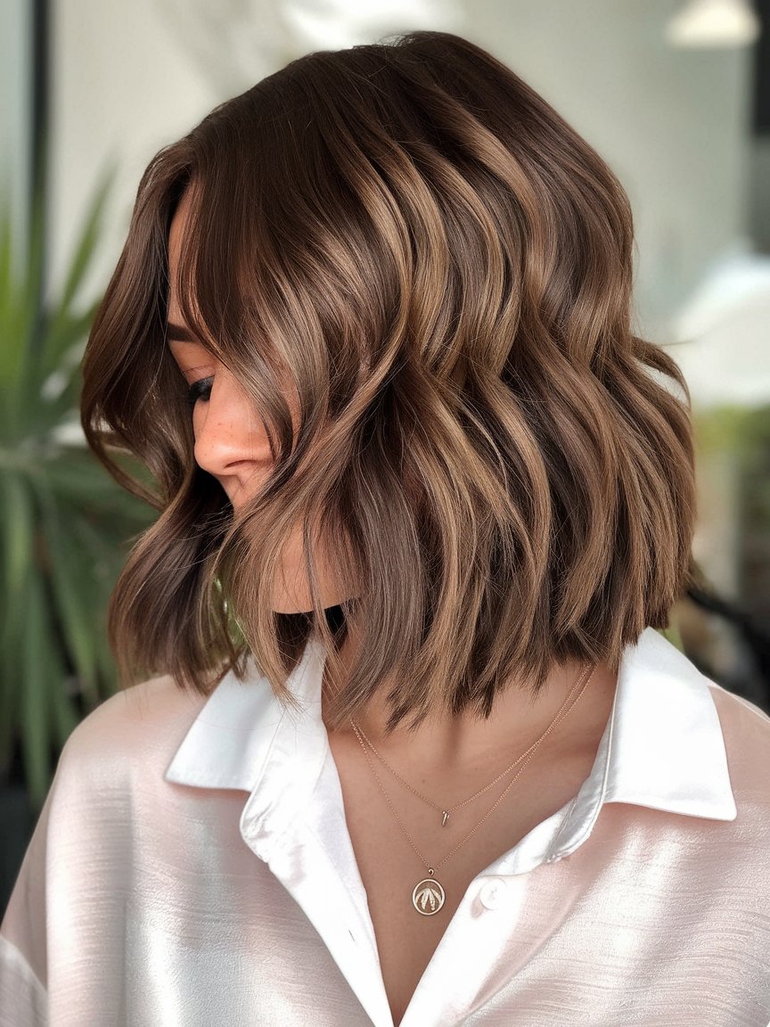 58. Chestnut Brown Wavy Bob with Subtle Balayage