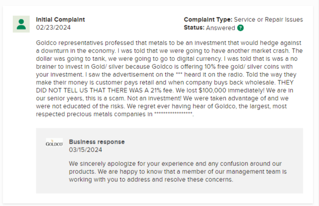 Goldco complaint on BBB