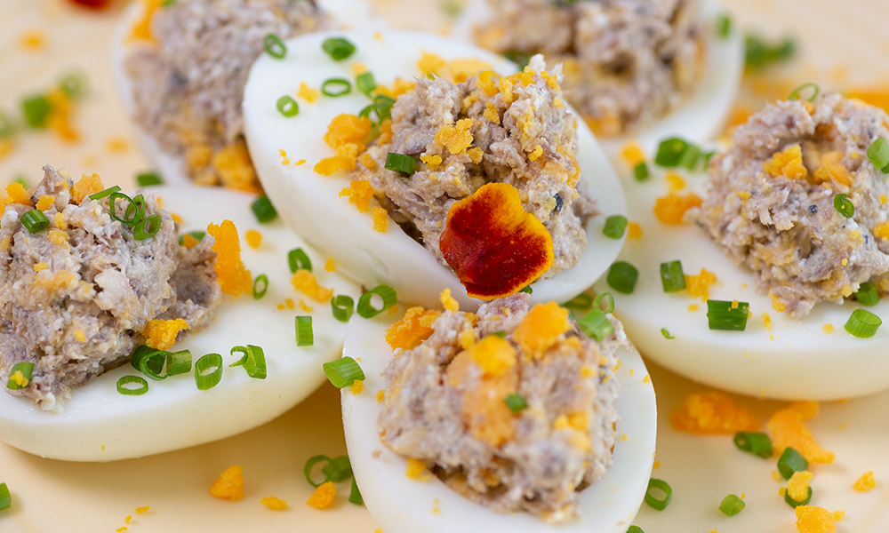 Sardine Rillettes-Stuffed Deviled Eggs