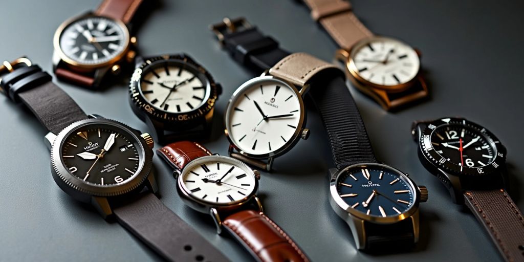 Collection of stylish watches on a modern surface.