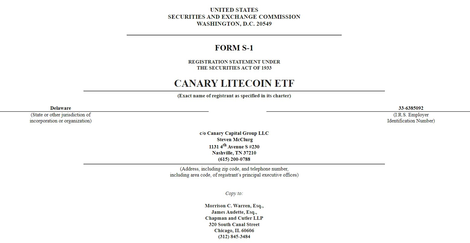 Canary Capital đã nộp đơn S-1 xin phê duyệt ETF Litecoin (LTC)