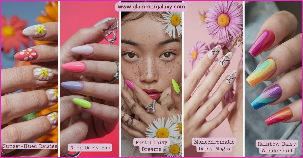 Assorted colorful daisy-themed nail art designs on various backgrounds, showcasing creativity and variety in nail art.