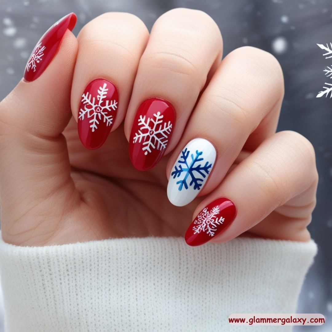 Red Winter Nail Designs having Snowflake Patterns
