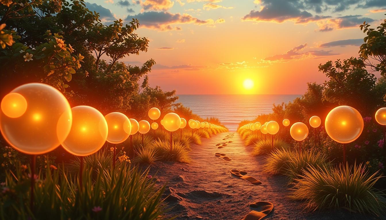 A pathway lit by glowing orbs, surrounded by lush greenery and blooming flowers, leading towards a vibrant sunrise on the horizon, symbolizing hope and new beginnings, with footprints gently fading into the distance, illustrating the journey of taking inspired action towards one's dream job.