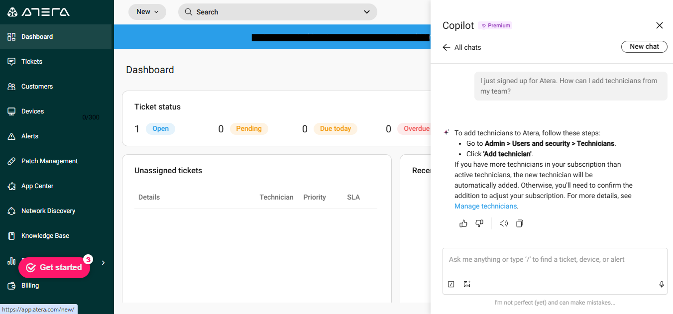 Screenshot of Atera's Dashboard and Copilot help.