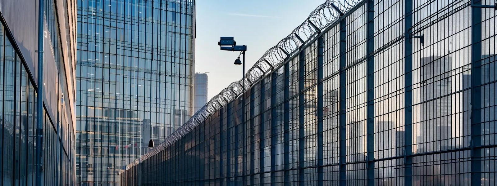 Security fence with barbed wire and surveillance camera alongside modern glass building, illustrating effective perimeter protection for commercial properties.