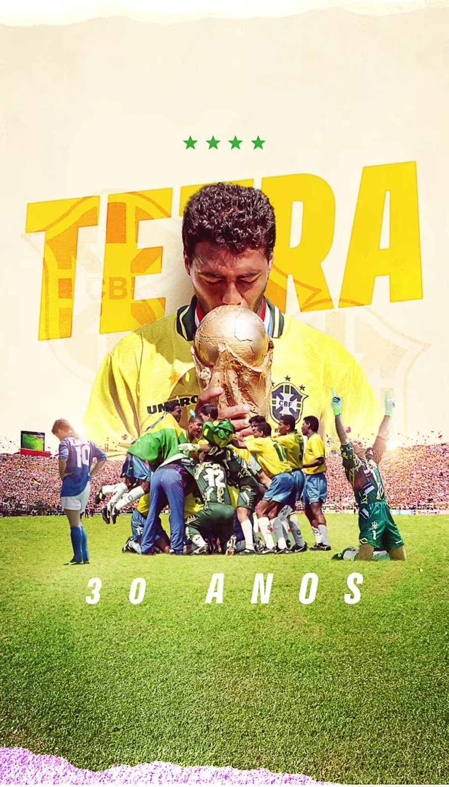 Montagem da seleção brasileira tetracampeã da Copa do Mundo de 1994, com Baggio ao lado após perder pênalti e destaque para Romário com a taça no centro