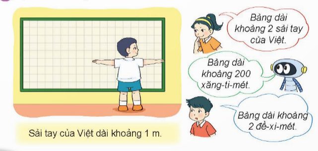 BÀI 55 ĐỀ-XI-MÉT. MÉT. KI-LÔ-MÉTI.HOẠT ĐỘNG 1Câu 1: Số? Đáp án chuẩn:a) 1 dm = 10 cm                1 m = 10 dm                1 m = 100 cm    4 dm = 40 cm                5 m = 50 dm                 3 m = 300 cmb) 30 cm = 3 dm                50 cm = 5 dm40 dm = 4 m                  20 dm = 2 mCâu 2: Chọn độ dài thích hợp.Đáp án chuẩn:Câu 3: Bạn nào nói đúng? Đáp án chuẩn:Bạn Mai và Rô-bốt nói đúng.II.LUYỆN TẬPCâu 1: Số? Đáp án chuẩn:5 dm + 8 dm = 13 dm                          26 dm + 45 dm = 71 dm65 m – 30 m = 35 m                            51 m – 16 m = 35 dmCâu 2: Quan sát tranh rồi trả lời câu hỏi. Đáp án chuẩn:Rô-bốt cần đi 45 m.Câu 3: Nam, Việt và Rô-bốt cùng chơi đá cầu. Nam đá quả cầu bay xa 4 m. Việt đá quả cầu bay xa 5 m. Rô-bốt đá quả cầu bay 7 m.a) Bạn nào đá quả cầu cầu bay xa nhất?b) Việt đá quả cầu bay xa hơn Nam bao nhiêu mét?Đáp án chuẩn:a) Rô-bốt đá quả cầu bay xa nhất.b) Việt đá quả cầu bay xa hơn Nam 1 m.III.HOẠT ĐỘNG 2