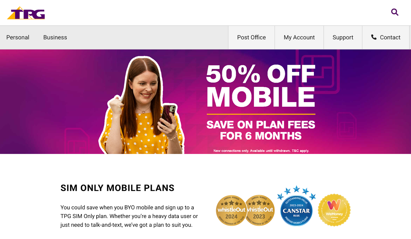 TPG’s homepage for SIM only mobile plans