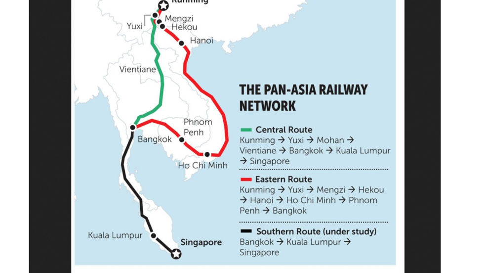 Bản đồ hai tuyến đường sắt nối Côn Minh (Trung Quốc) đến Singapore : Trục chính (mầu xanh) và trục hướng đông (mầu đỏ). Đồ họa của Bangkok Post Graphics. Ảnh chụp màn hình từ trang objectifthailande.com.