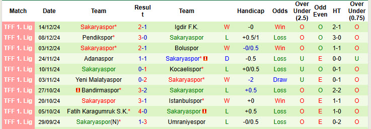 Thống kê phong độ 10 trận đấu gần nhất của Sakaryaspor