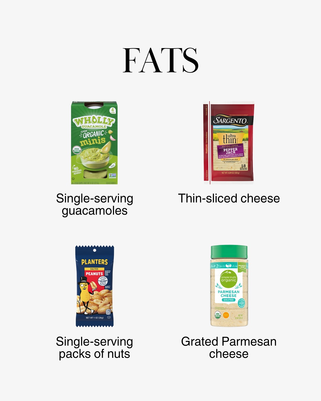 single-serve guacamole cups, sliced cheese, nut packs, and Parmesan shaker for healthy fats