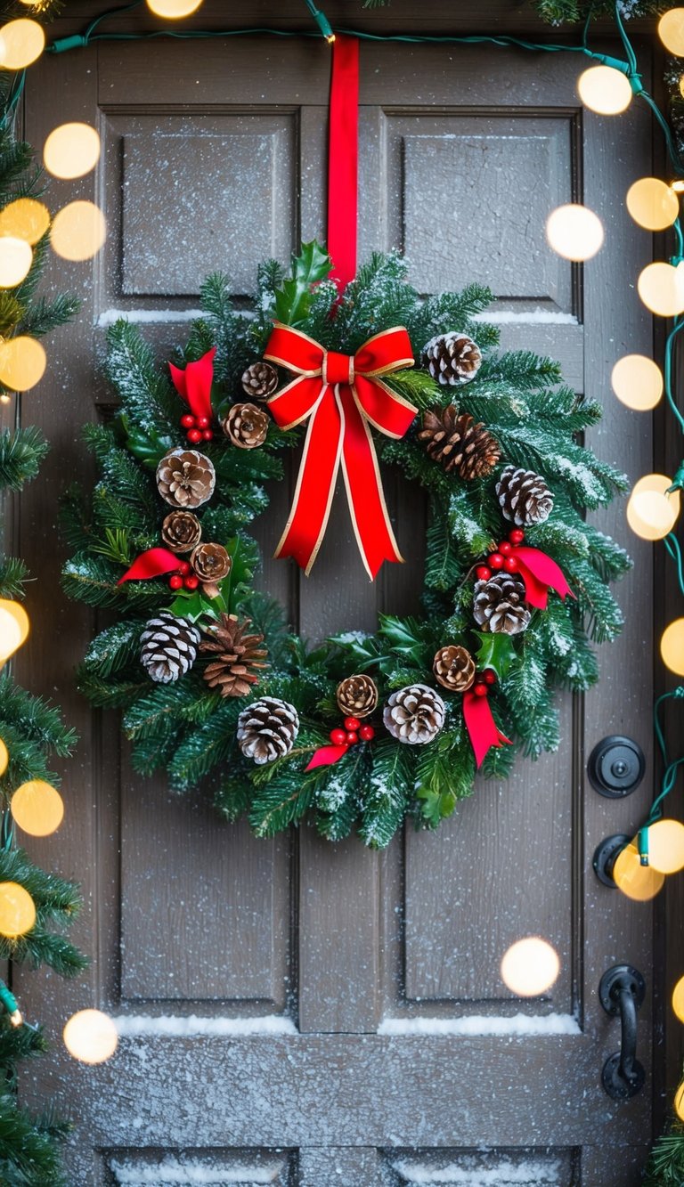 A festive wreath adorned with holly, pine cones, and red ribbons hangs on a rustic wooden door, surrounded by a dusting of snow and twinkling holiday lights