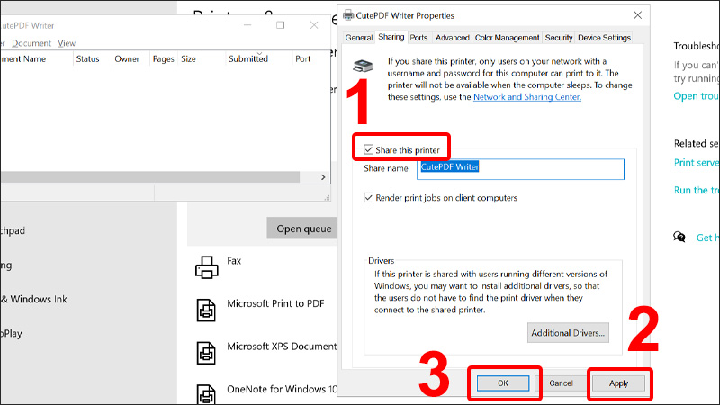 Tích chọn Share this Printer và chọn Apply bấm OK là xong