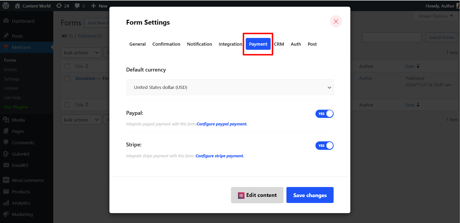 Adjust payment settings for the donation form