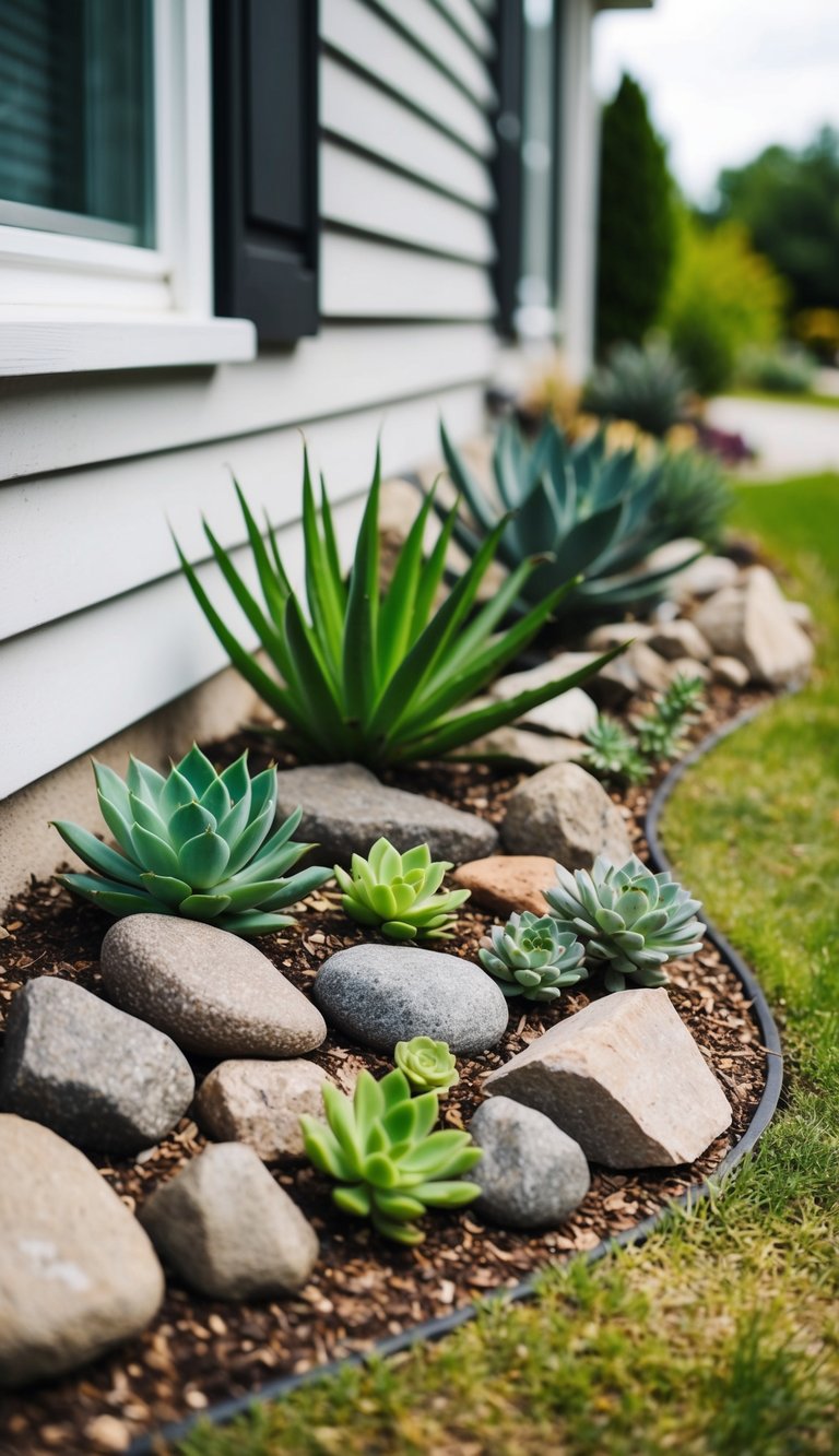 A small rock garden nestled against the side of a house, with various sized rocks, succulents, and small shrubs creating a natural and serene landscape