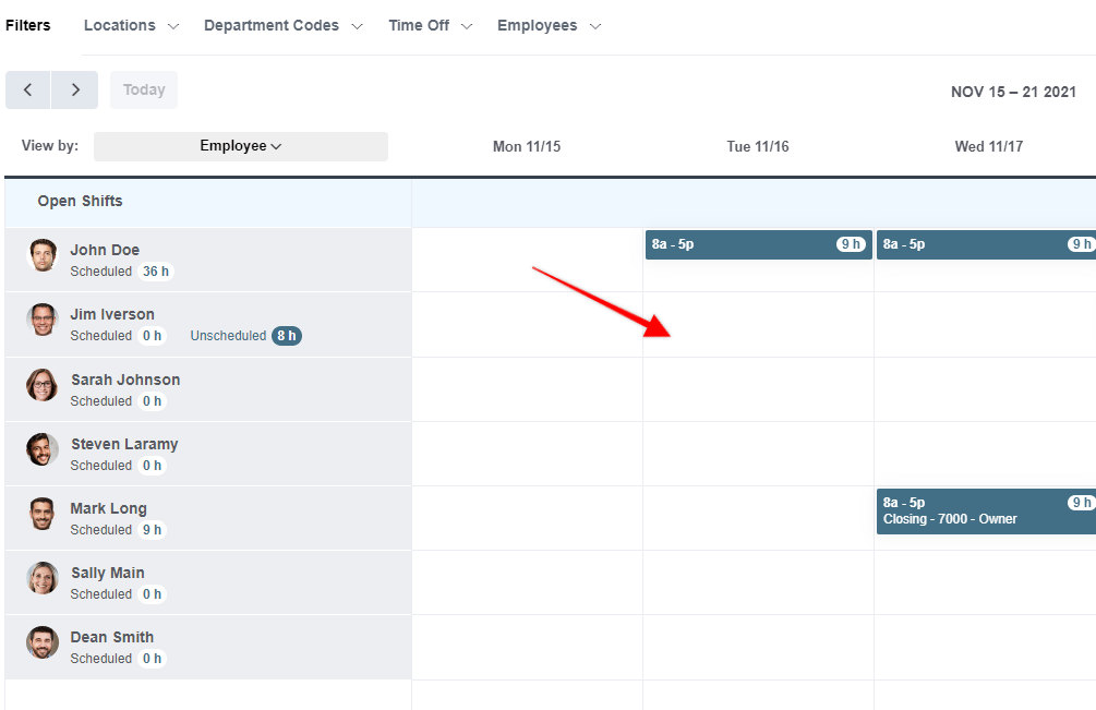 Simple click an empty slot to create a new shift. 