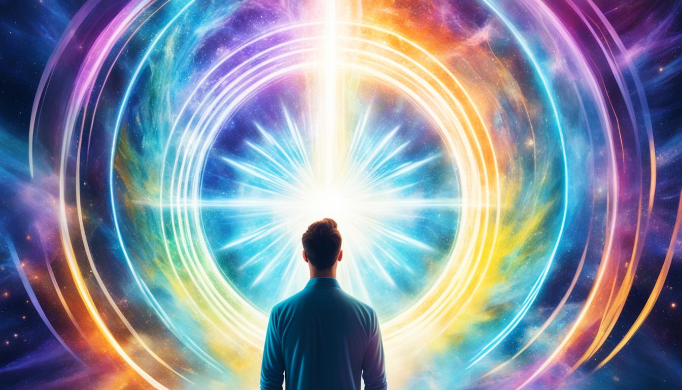 A person standing confidently in front of a bright, glowing portal that symbolizes the potential of their manifestation power. They have their eyes closed and are visualizing their dreams as if they've already come true. Their body language is relaxed yet determined, radiating a sense of unwavering belief and trust in the universe and their ability to attract abundance. The background is dark and starry, emphasizing the mysterious and magical nature of the manifestation process.