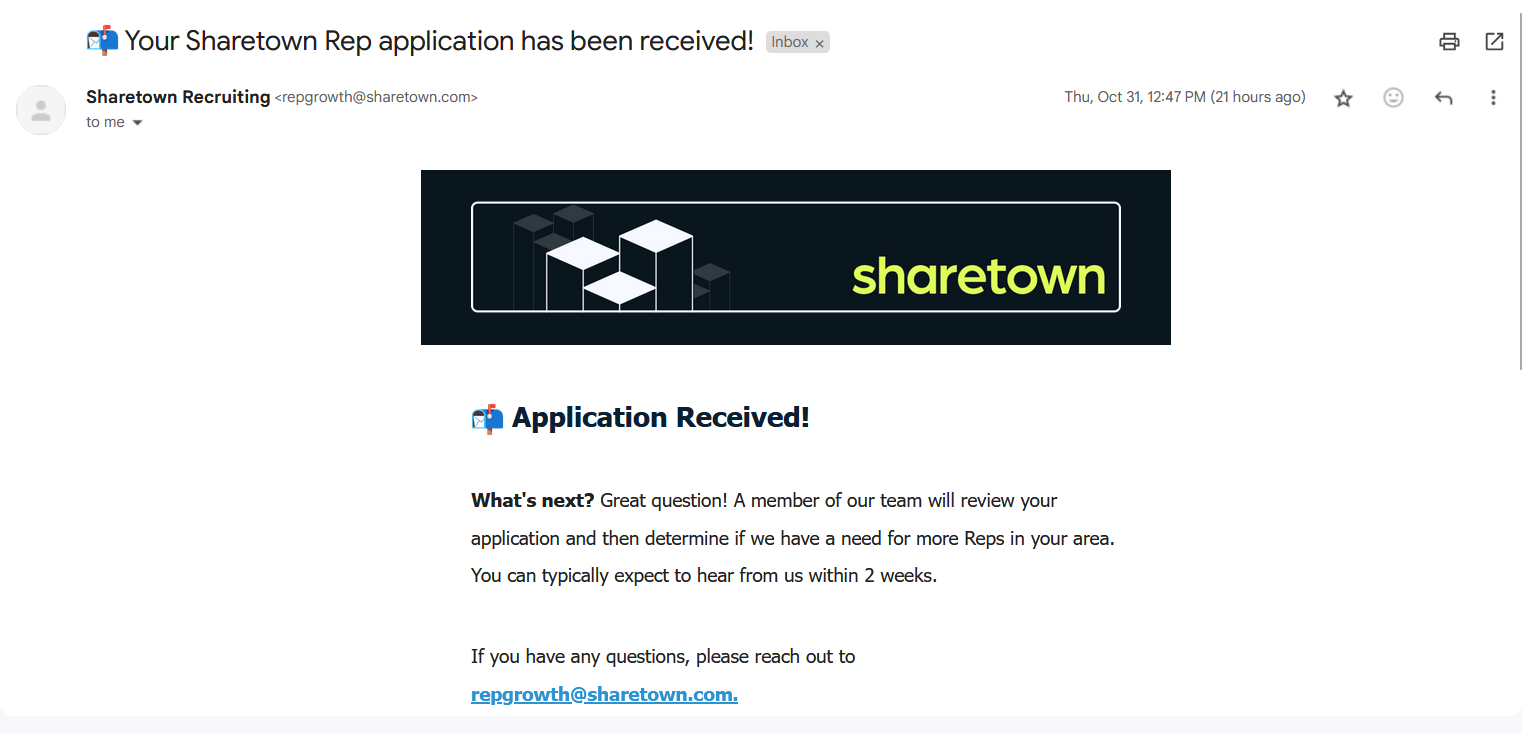 A screenshot of an email received after signing up for Sharetown.