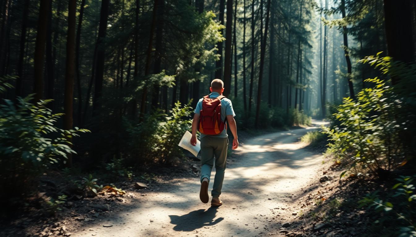 An image of a person walking on a path with a backpack on, navigating through a forest with sunlight filtering through the trees. The path ahead is uncertain and winding, but the person walks confidently with a map in their hand. Along the path, new friends are waiting to join them on their journey, each bringing different perspectives and experiences. The person welcomes the new friendships with open arms, excited for what lies ahead in this new chapter of their life.