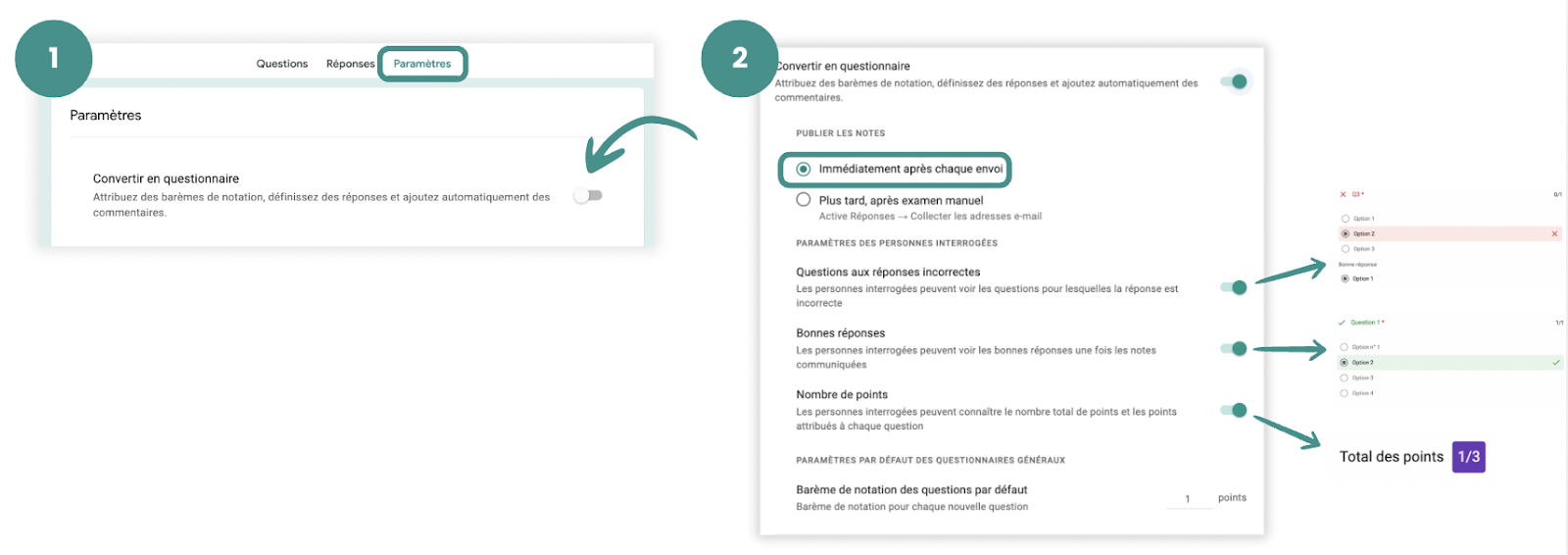 Paramètrage du questionnaire classique pour créer un quiz avec envoie immédiat après chaque envoi sur google forms
