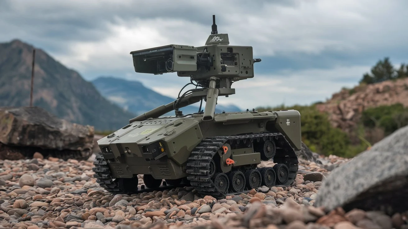 Military robot conducting surveillance in a defense setting.