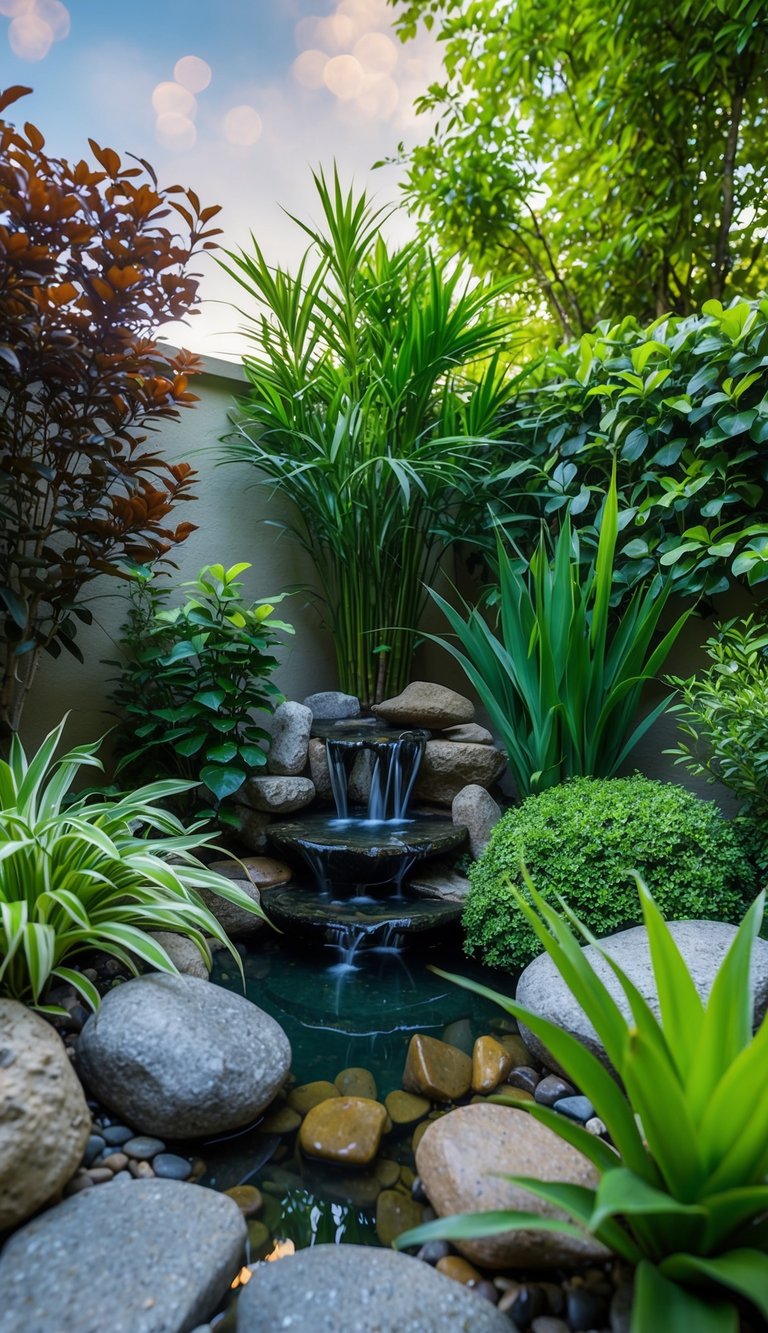 A tranquil water feature nestled in a lush corner garden, surrounded by carefully placed plants and rocks, creating a serene Feng Shui ambiance