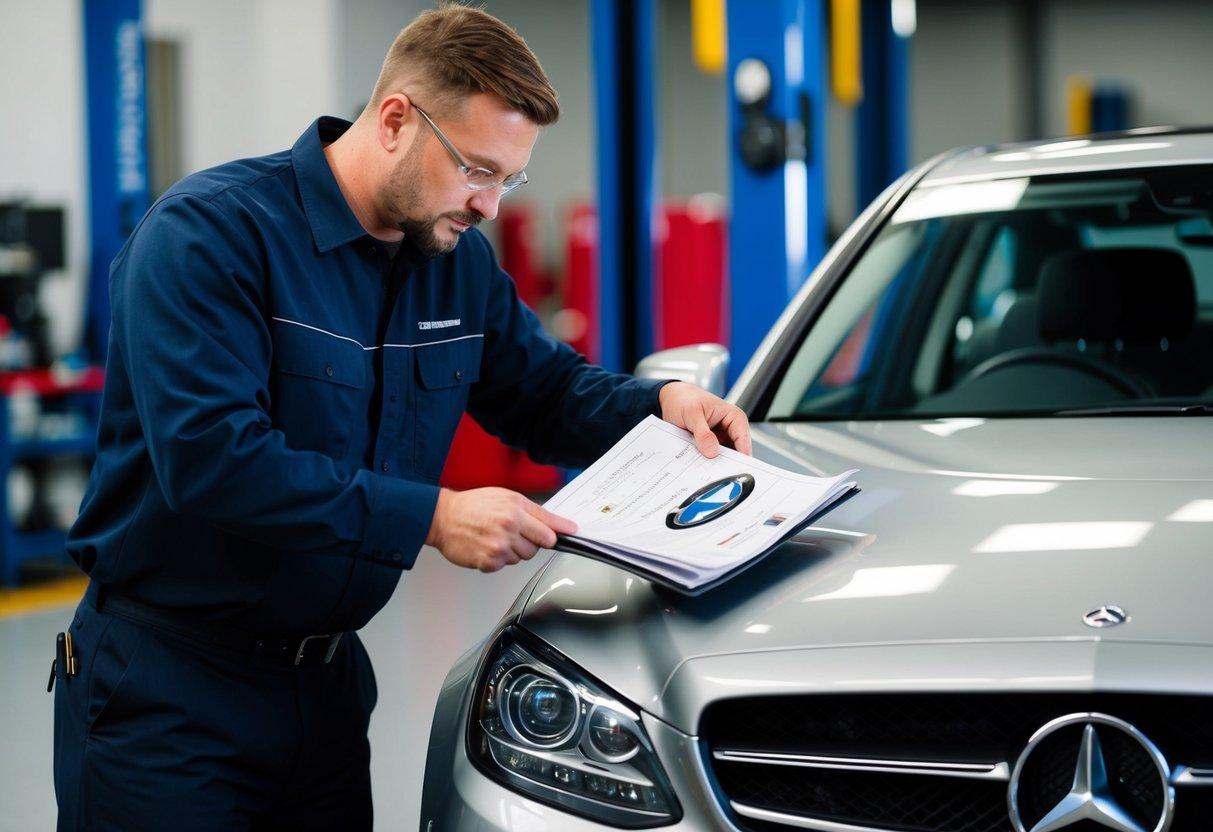 A mechanic using a Mercedes service manual to align a 2013 C Class car with precision