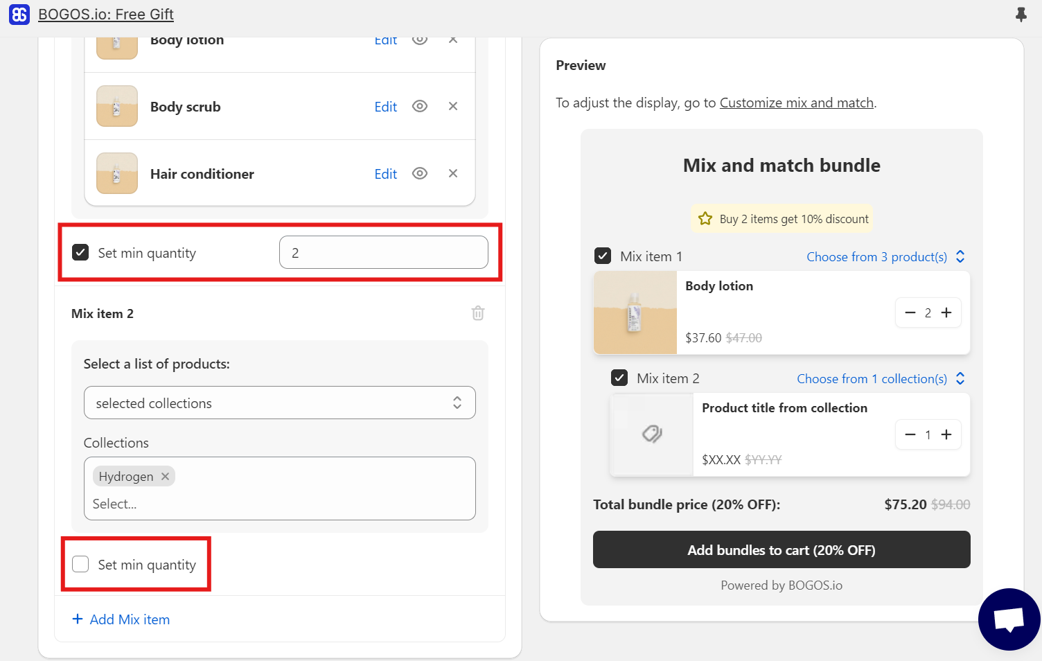 set minimum quantity for each mix item in the shopify mix and match bundle