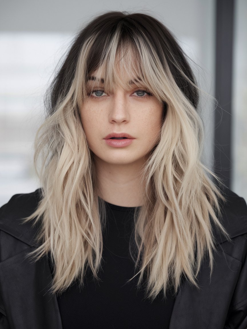 9. Edgy Contrast: Dark Roots with Icy Blonde Layers and Baby Bangs