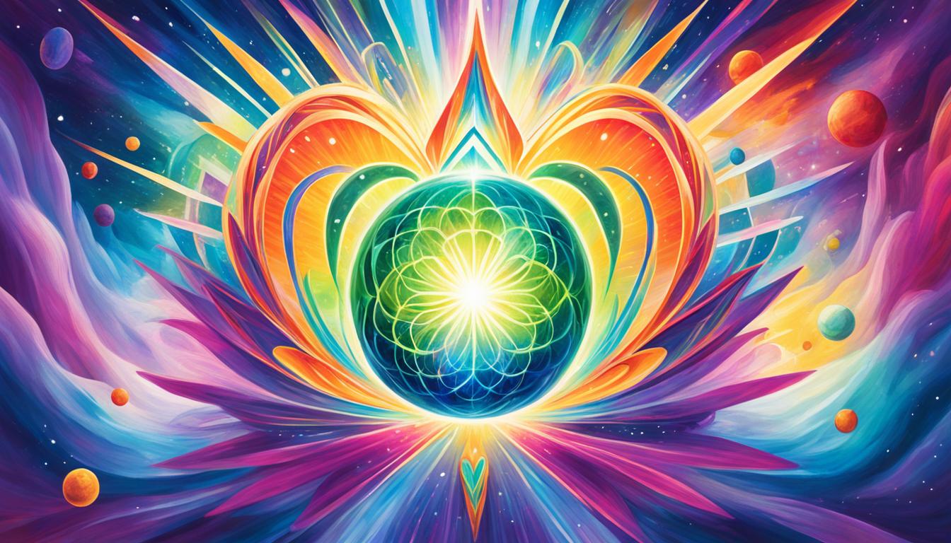 A glowing orb of energy emanating from the heart chakra and connecting with the universe, surrounded by colorful vibrations rising upwards.