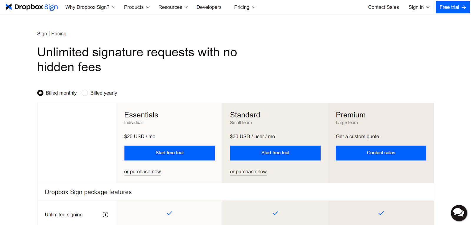 Dropbox Sign pricing