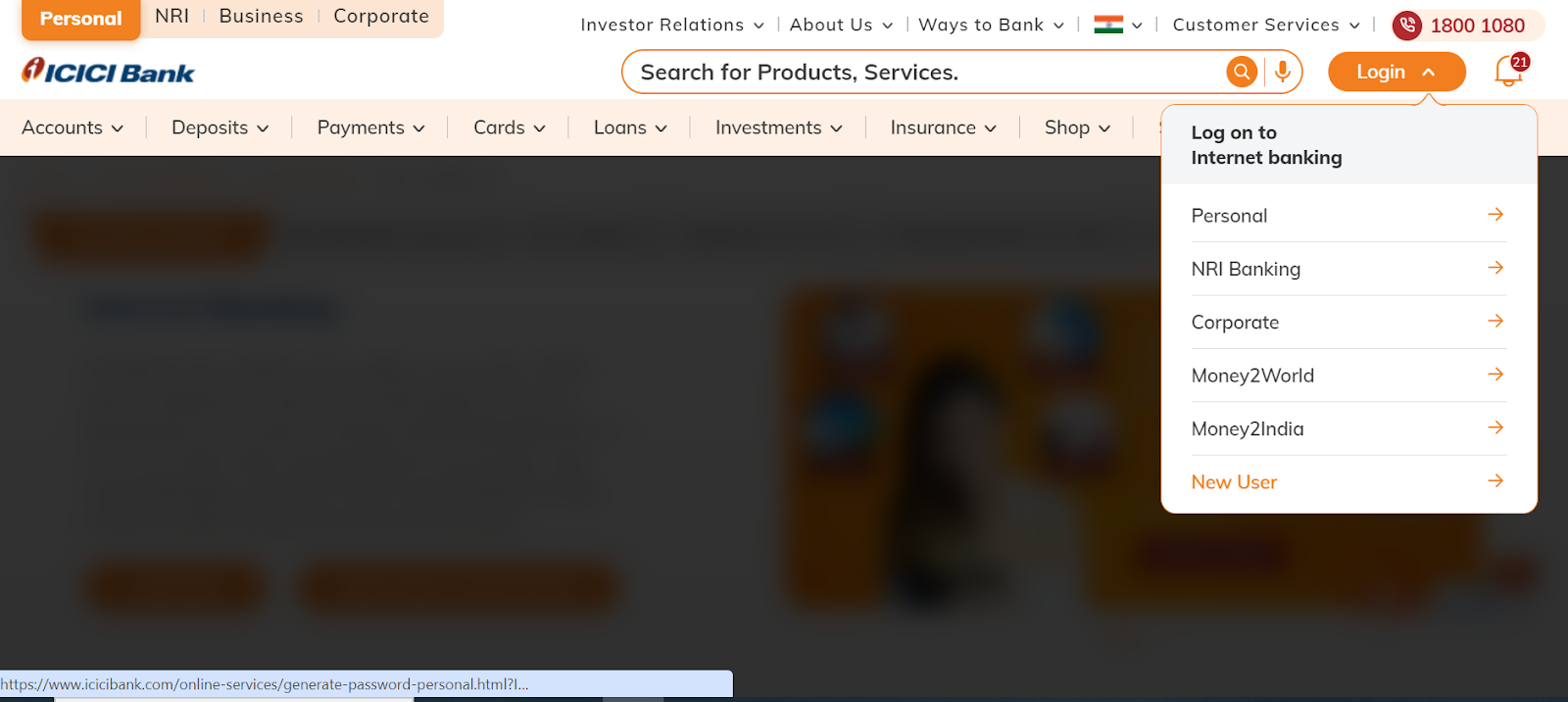 ICICI Net Banking page