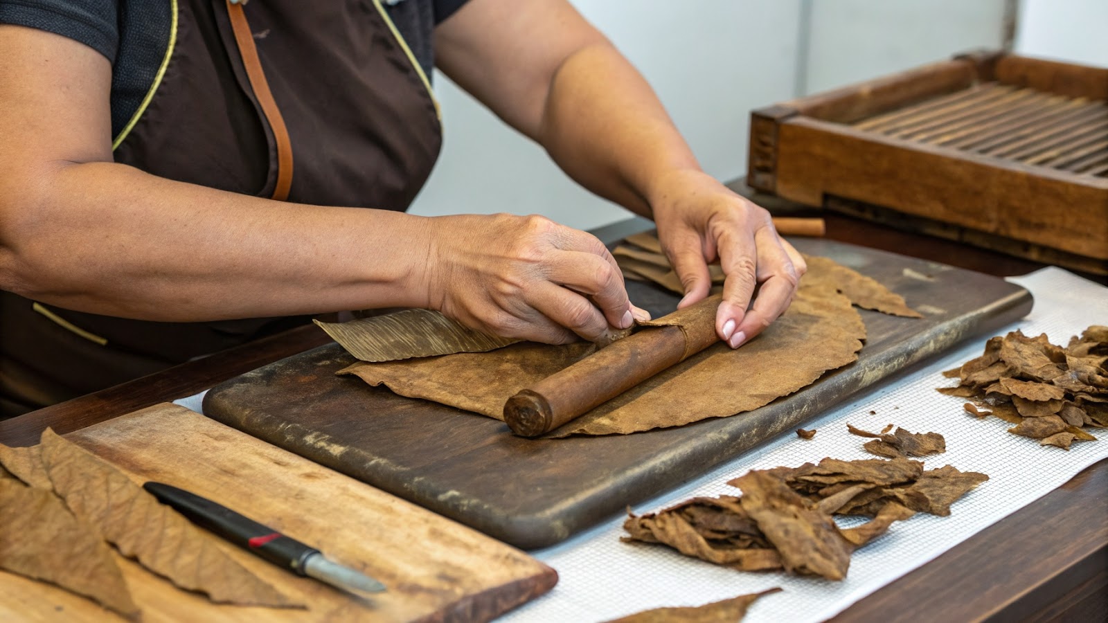 Person rolling a cigar on a table
