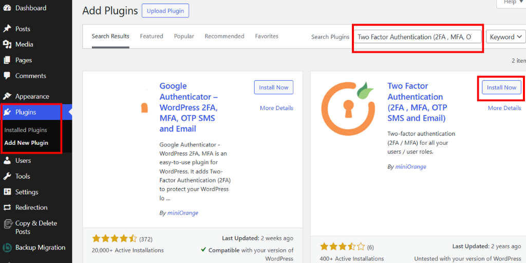 Install and Activate Two Factor Authenticator Plugin