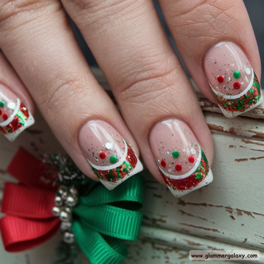 Neutral Winter Nails having Festive Glitter French
